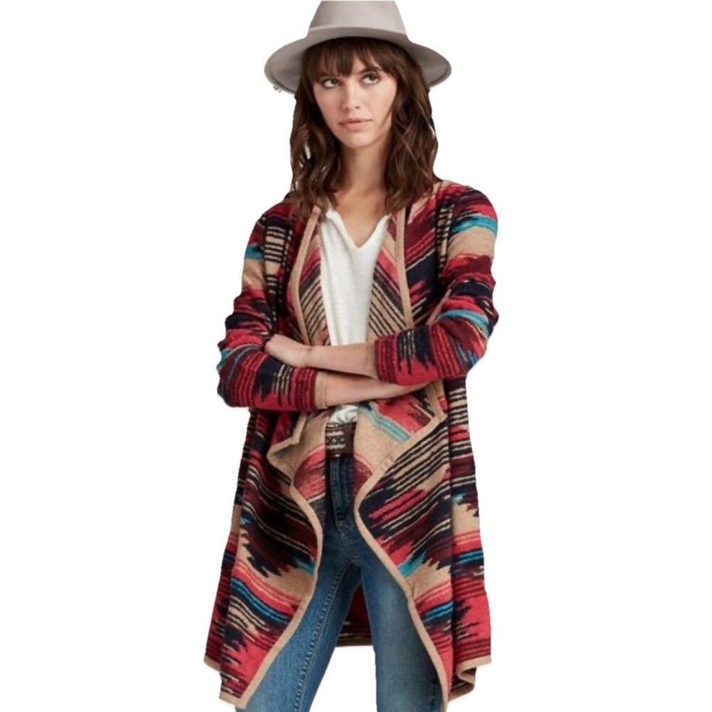 Lucky Brand Aztec Drape Open Front Cardigan Sweater Small XS Tribal Knit Boho